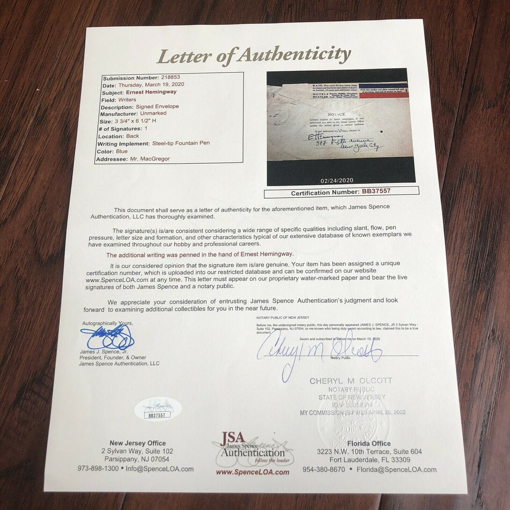 ERNEST HEMINGWAY * JSA LOA * Handwritten Autograph Envelope Signed *