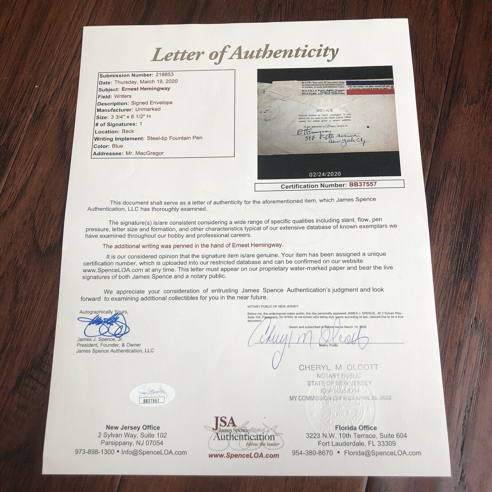 ERNEST HEMINGWAY * JSA LOA * Handwritten Autograph Envelope Signed *