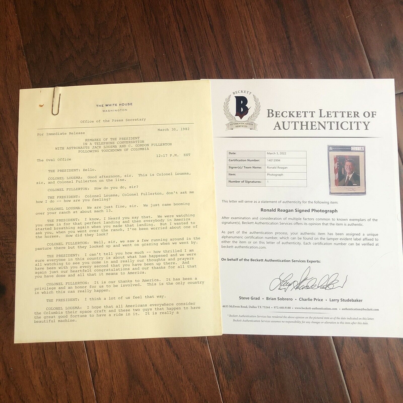 RONALD REAGAN * Beckett BAS * Signed Photo to Astronaut As President Autograph