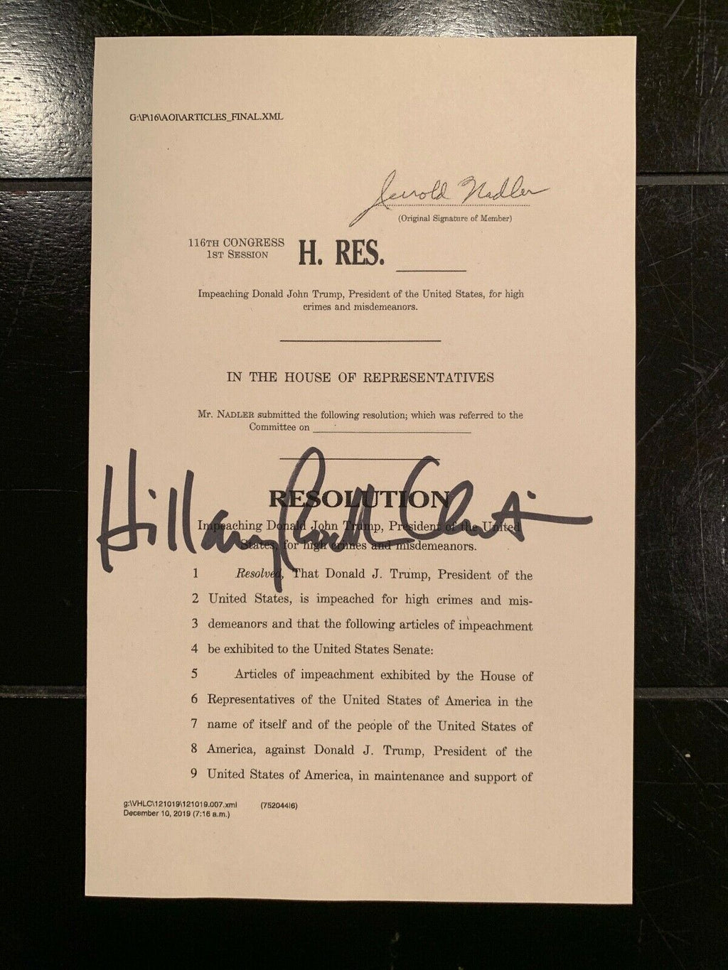 HILLARY CLINTON * JSA * Souvenir Trump ARTICLES OF IMPEACHMENT Signed Autograph