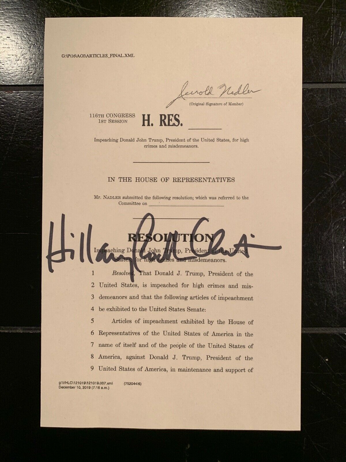 HILLARY CLINTON * JSA * Souvenir Trump ARTICLES OF IMPEACHMENT Signed Autograph