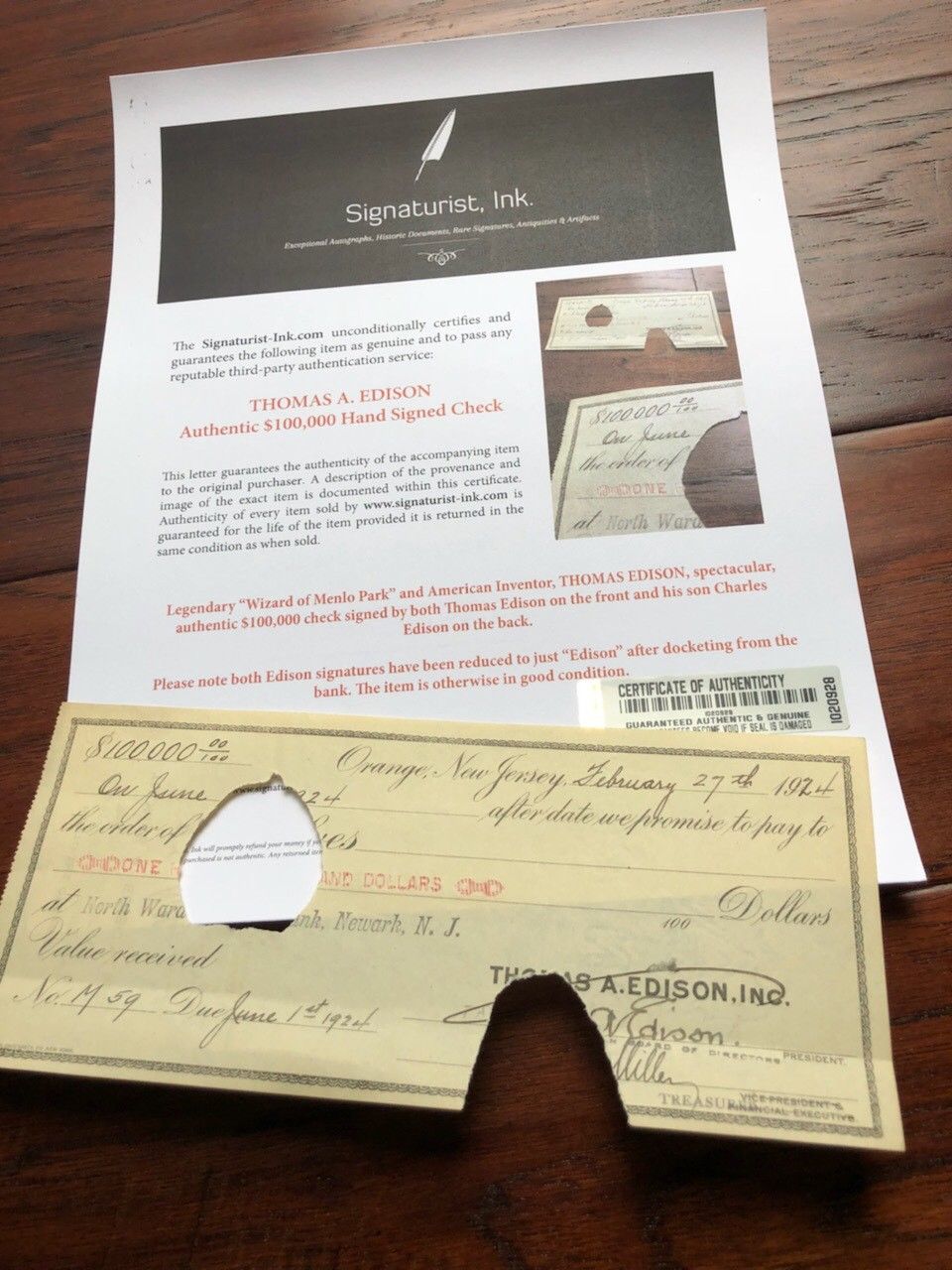 THOMAS A. EDISON * PSA/DNA * $100,000 Hand SIGNED Check * AUTOGRAPH