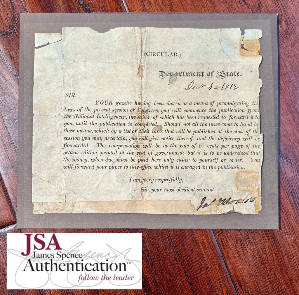 JAMES MONROE * JSA LOA * Autograph Request to Publish Declaration of War Signed