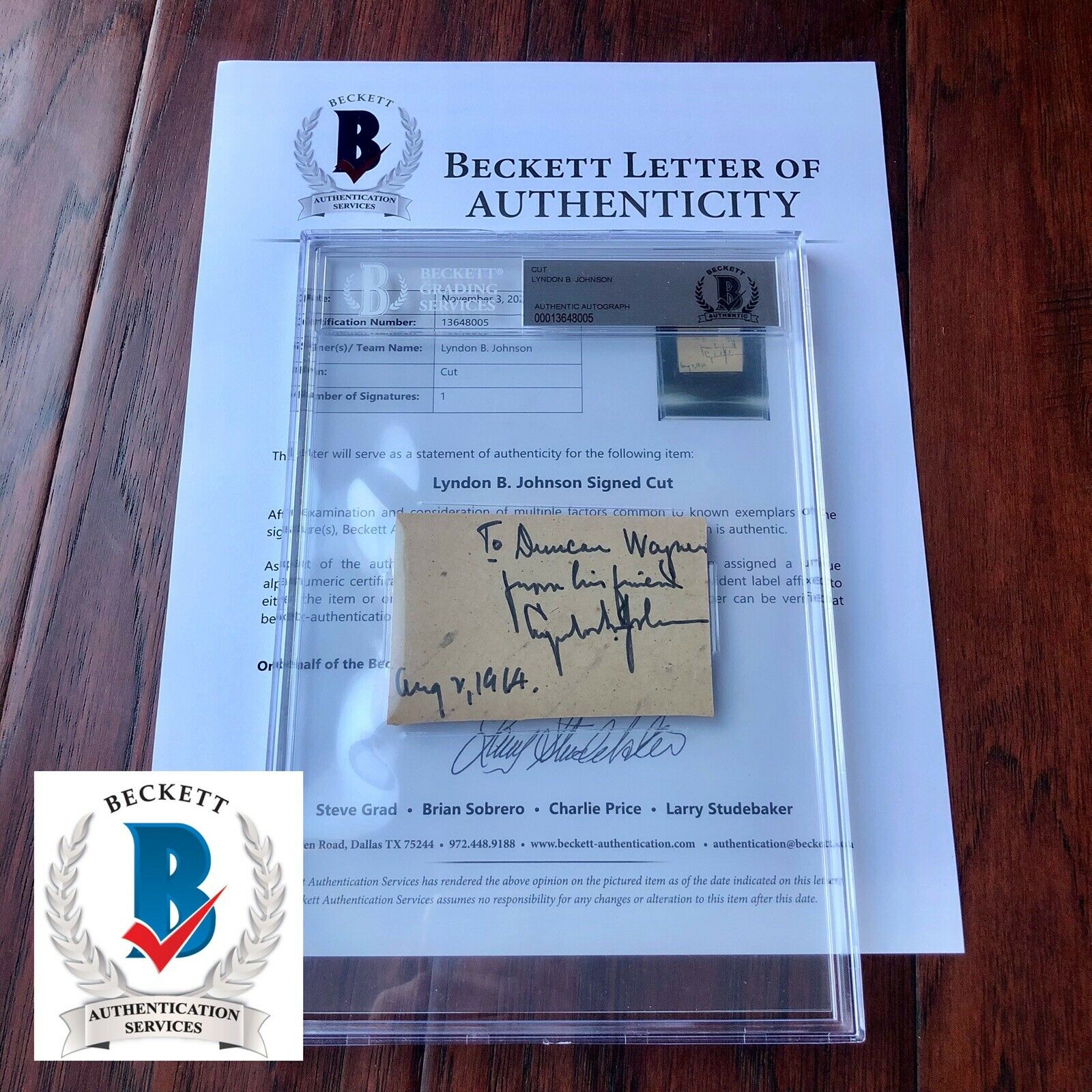 LYNDON B. JOHNSON * BECKETT BAS SLAB * Autograph Signature As President Signed