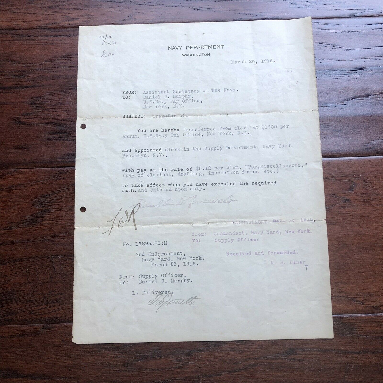 FRANKLIN D. ROOSEVELT * JSA LOA * Hand Signed Navy Document Autograph * FDR