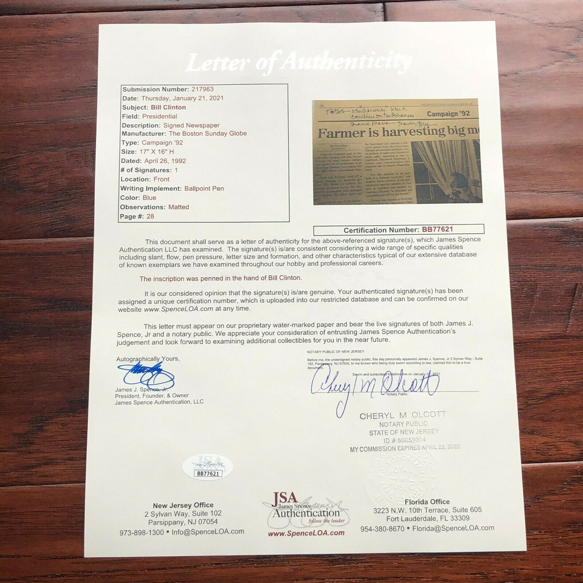 BILL CLINTON * JSA LOA * AUTOGRAPH Newspaper SIGNED re: Harvesting Contributions