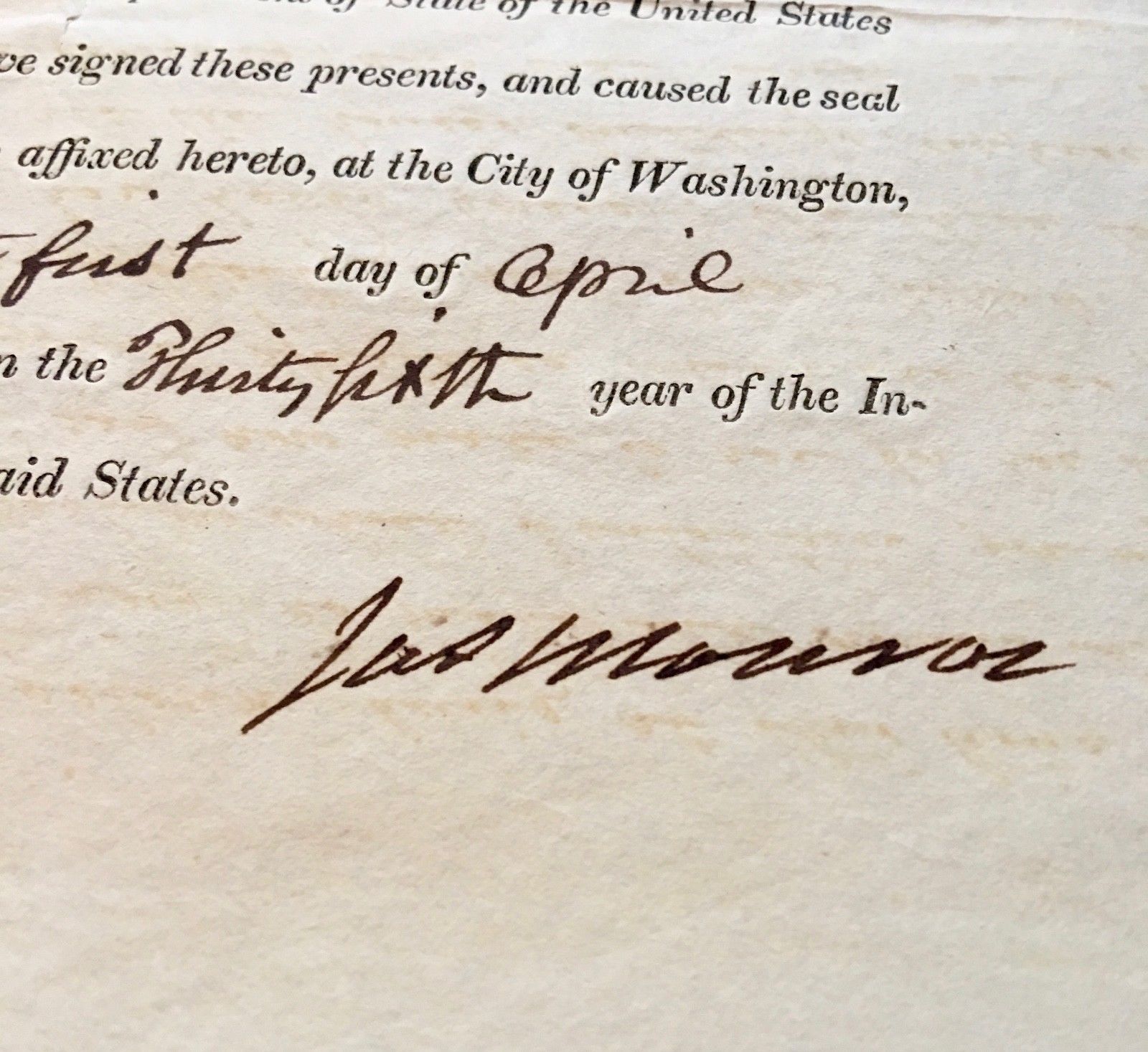 President JAMES MONROE * AUTOGRAPH SIGNED as Secretary of State Certifies Judge