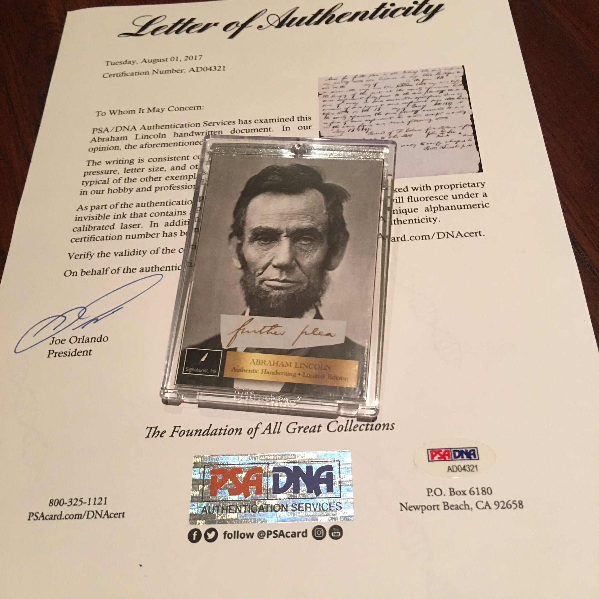 ABRAHAM LINCOLN * PSA/DNA * Words "further plea"