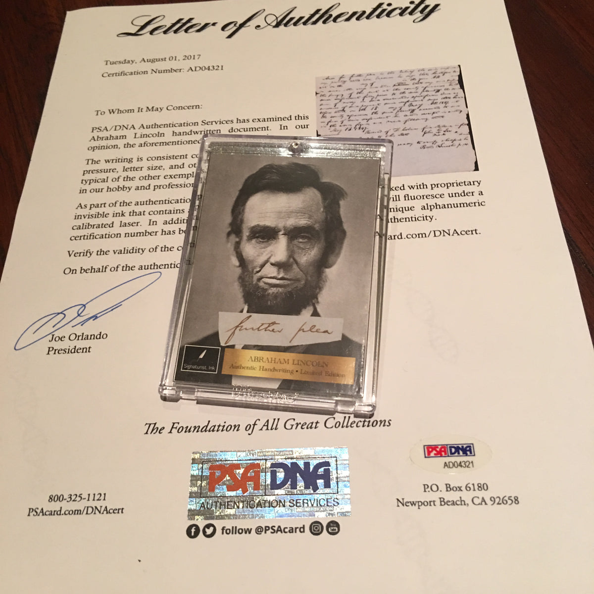 ABRAHAM LINCOLN * PSA/DNA * Words "further plea"