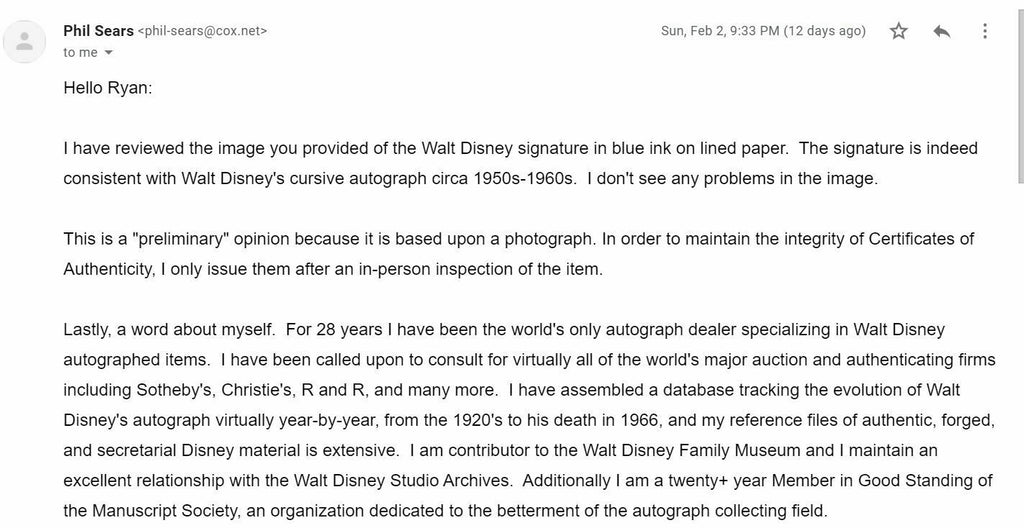 WALT DISNEY * JSA LOA Phil Sears * Original Autograph Signature Signed *