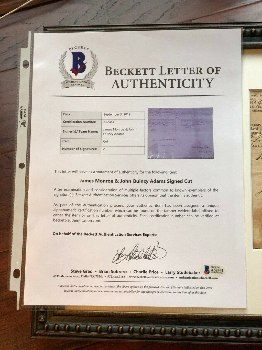JAMES MONROE & JOHN QUINCY ADAMS * BAS * AUTOGRAPH Partial Patent SIGNED