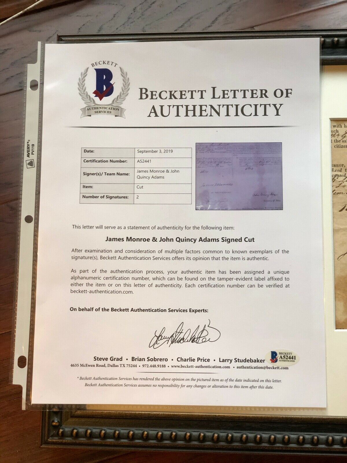 JAMES MONROE & JOHN QUINCY ADAMS * BAS * AUTOGRAPH Partial Patent SIGNED