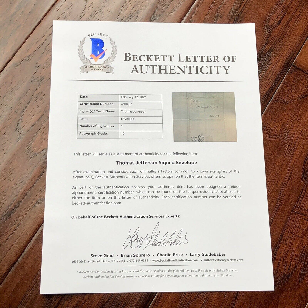 THOMAS JEFFERSON * BAS BECKETT 10 * Autograph Free Frank Envelope Signed *