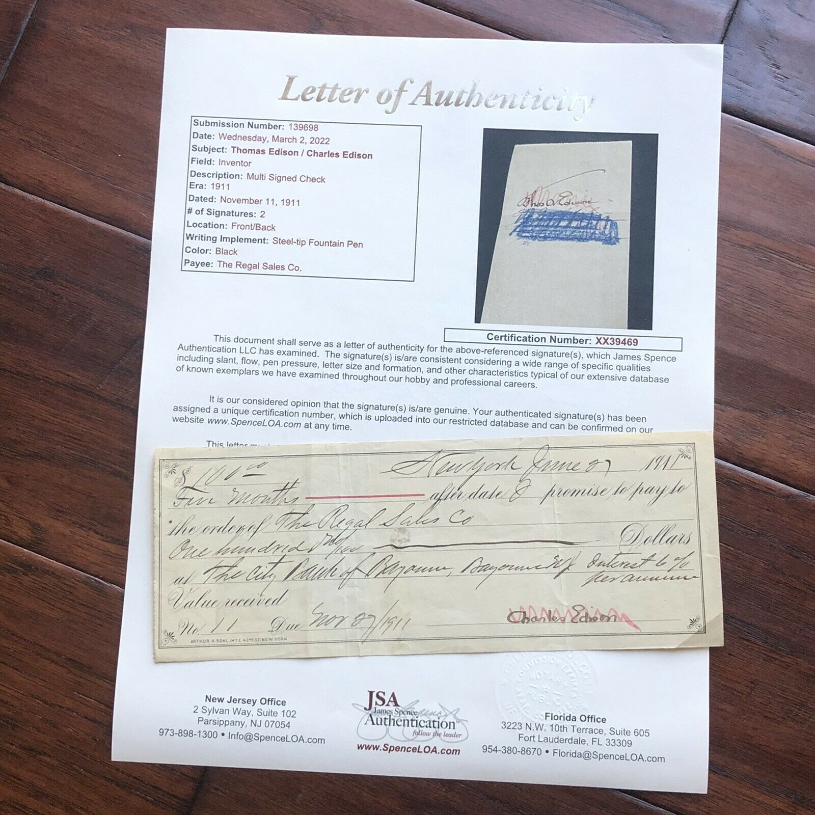 THOMAS EDISON * JSA LOA * Signed Promissory Check Autograph * Umbrella Signature