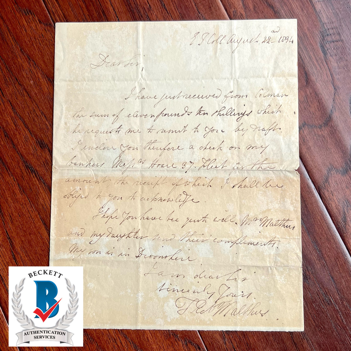THOMAS ROBERT MALTHUS * BECKETT * HANDWRITTEN AUTOGRAPH LETTER SIGNED ECONOMIST